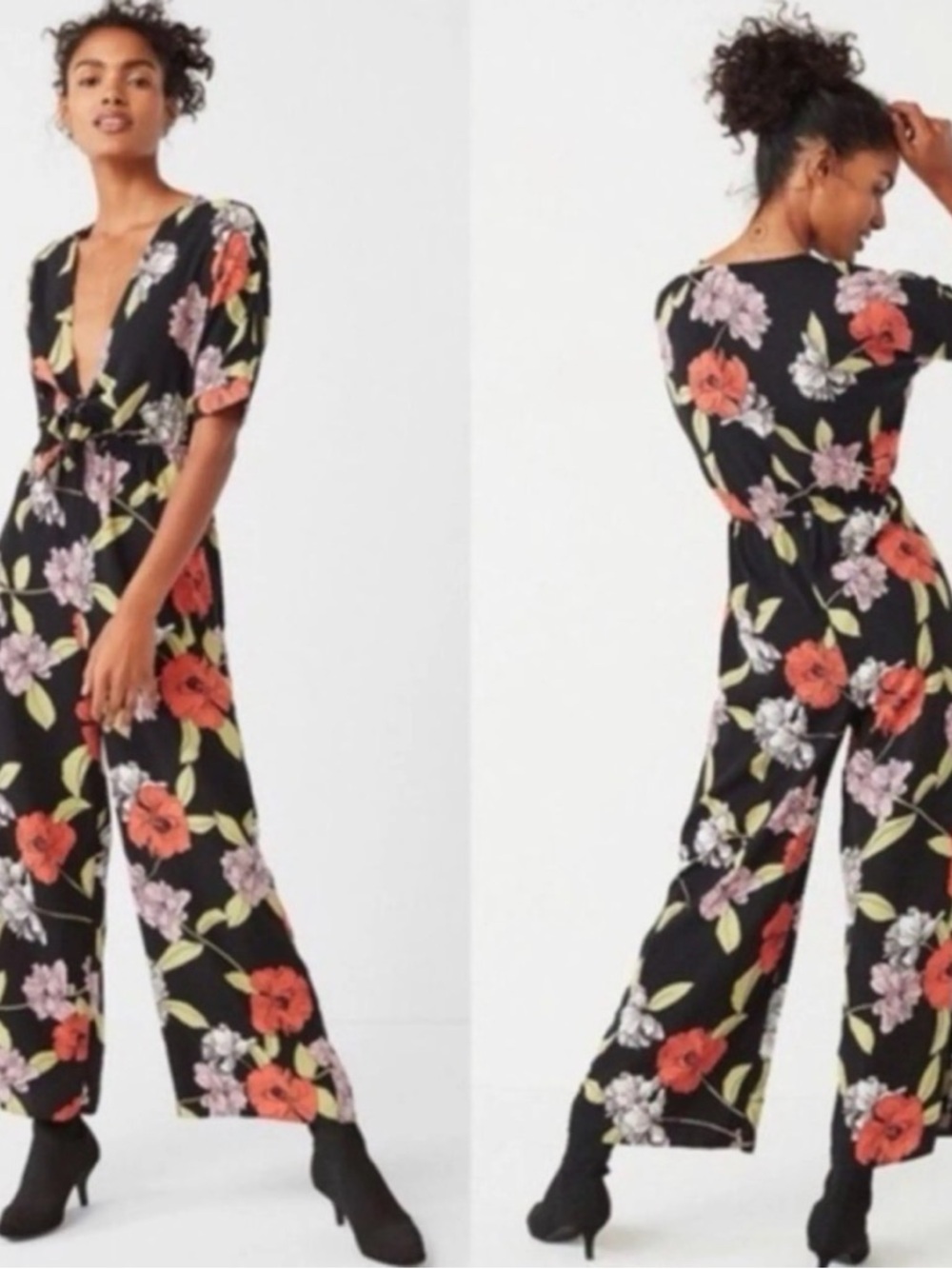 Tie-Front Floral Wide-Leg Jumpsuit in Black with Coral & Lavender Flowers
